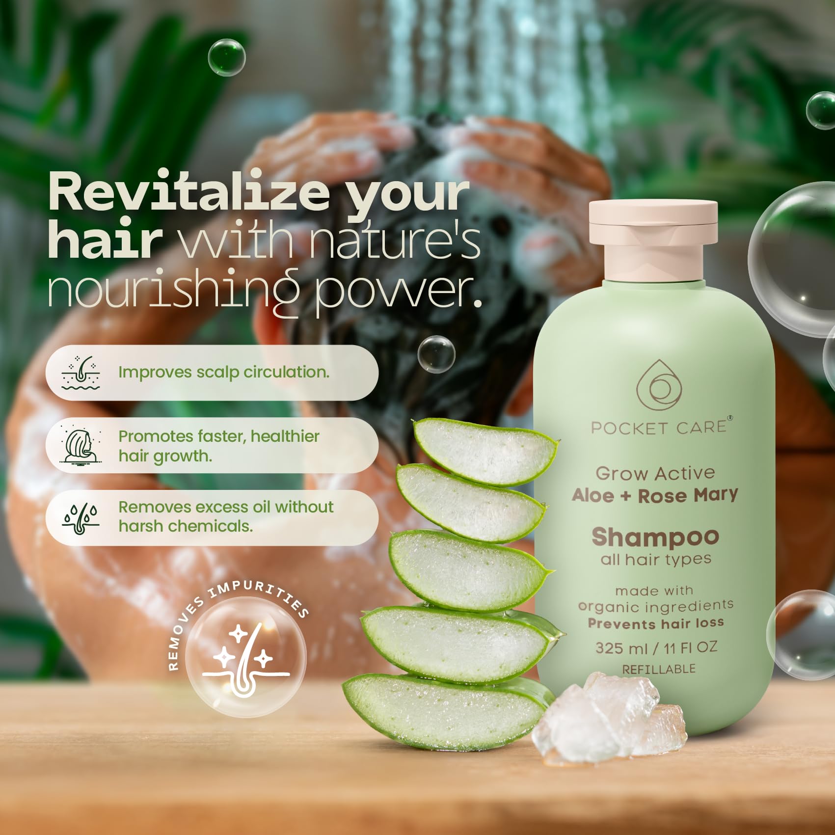 PocketCare Organic Shampoo foaming lather invites luxurious wash experience and thorough cleansing.