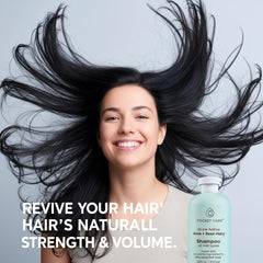 PocketCare Organic Shampoo ingredients blend showcases aloe, rosemary, jojoba, verbena for nourishing scalp care.