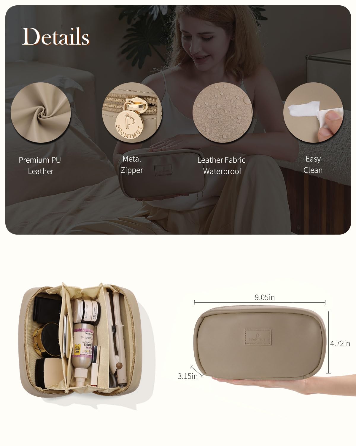 Pocmimut makeup bag fits easily in a purse for daily use