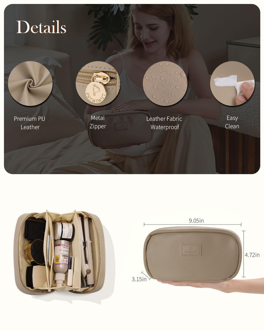 Pocmimut makeup bag fits easily in a purse for daily use