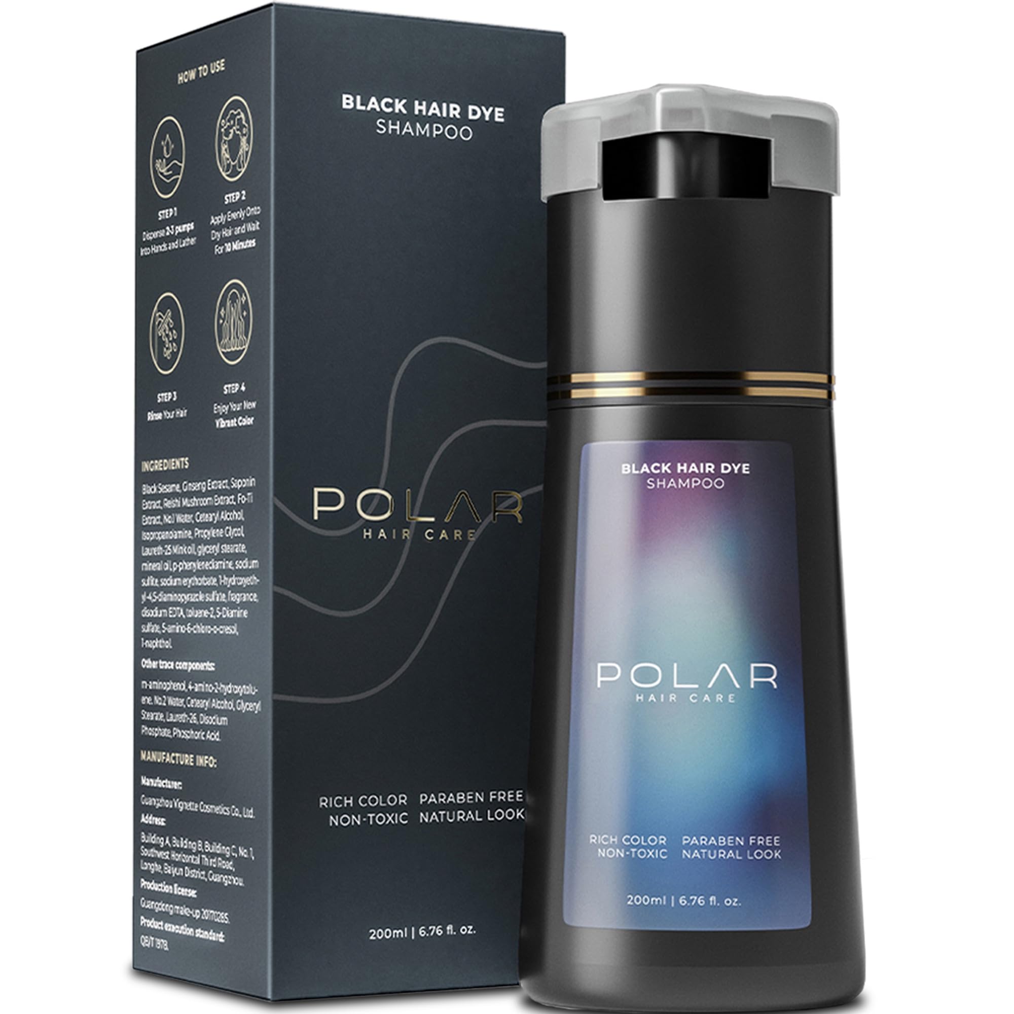 POLAR Hair Care jet black dye shampoo bottle for quick gray coverage