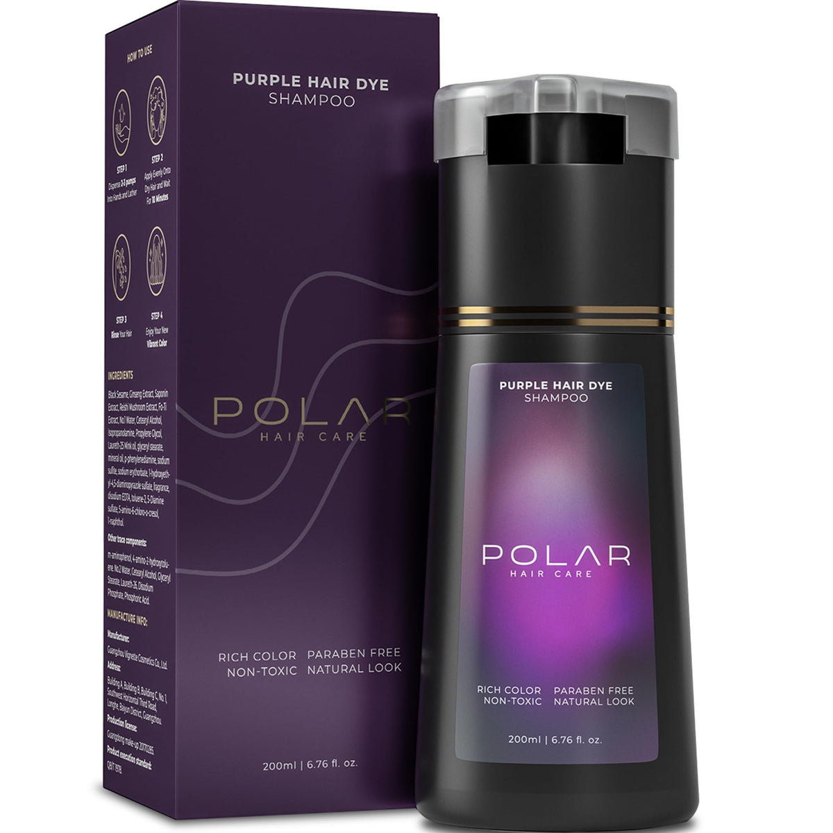 Polar Hair Care purple dye shampoo bottle shows quick gray coverage for a refreshed look.