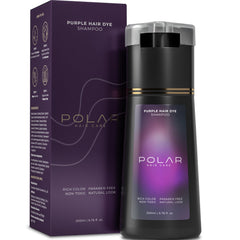 Polar Hair Care purple dye shampoo bottle shows quick gray coverage for a refreshed look.