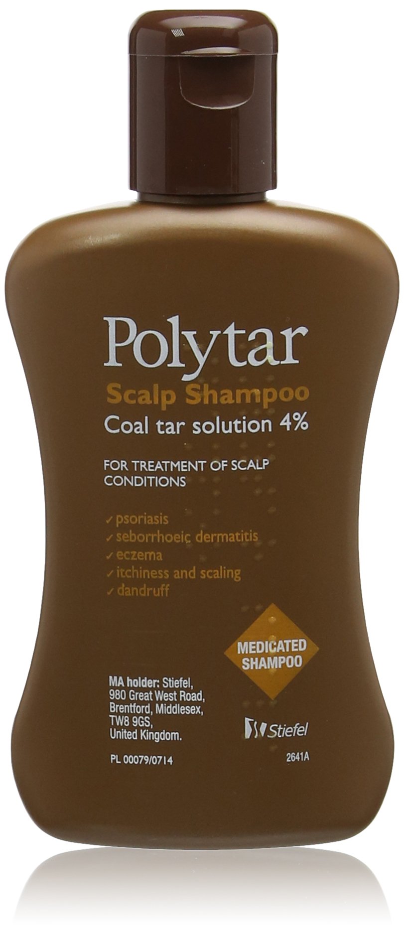 Polytar shampoo bottle pour shows concentrated tar cleansing for the scalp