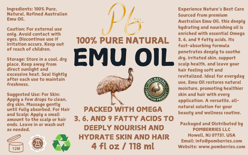 Pomberries Emu Oil refined, fragrance-free oil for everyday use.
