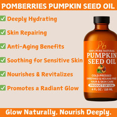 Pomberries raw pumpkin seed oil closeup emphasizing natural antioxidants and vitamins.