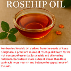 Amber glass bottle of Pomberries Rosehip Seed Oil projects premium quality.