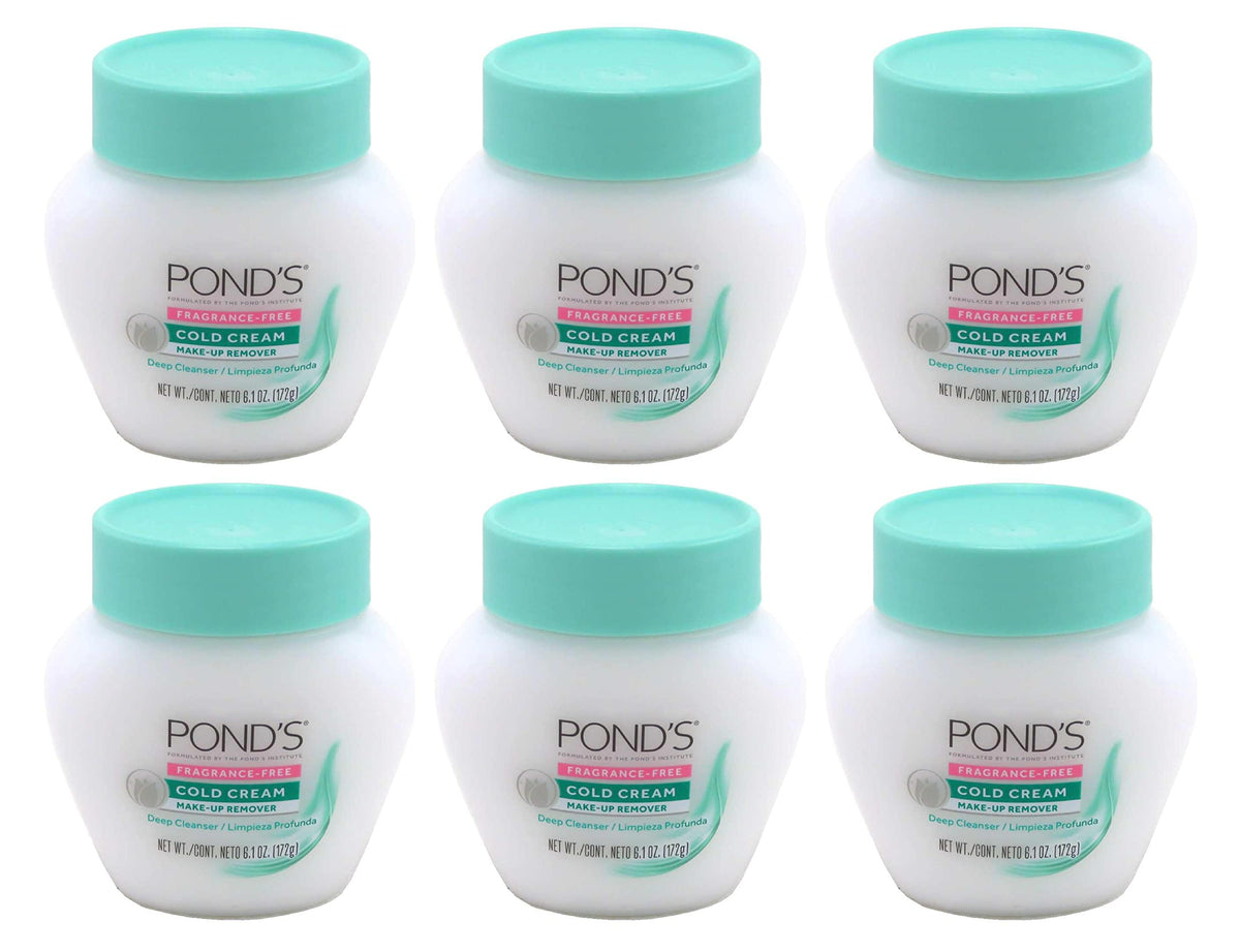 POND'S Cold Cream Makeup Remover fragrance-free bottle shown for gentle cleansing on sensitive skin.