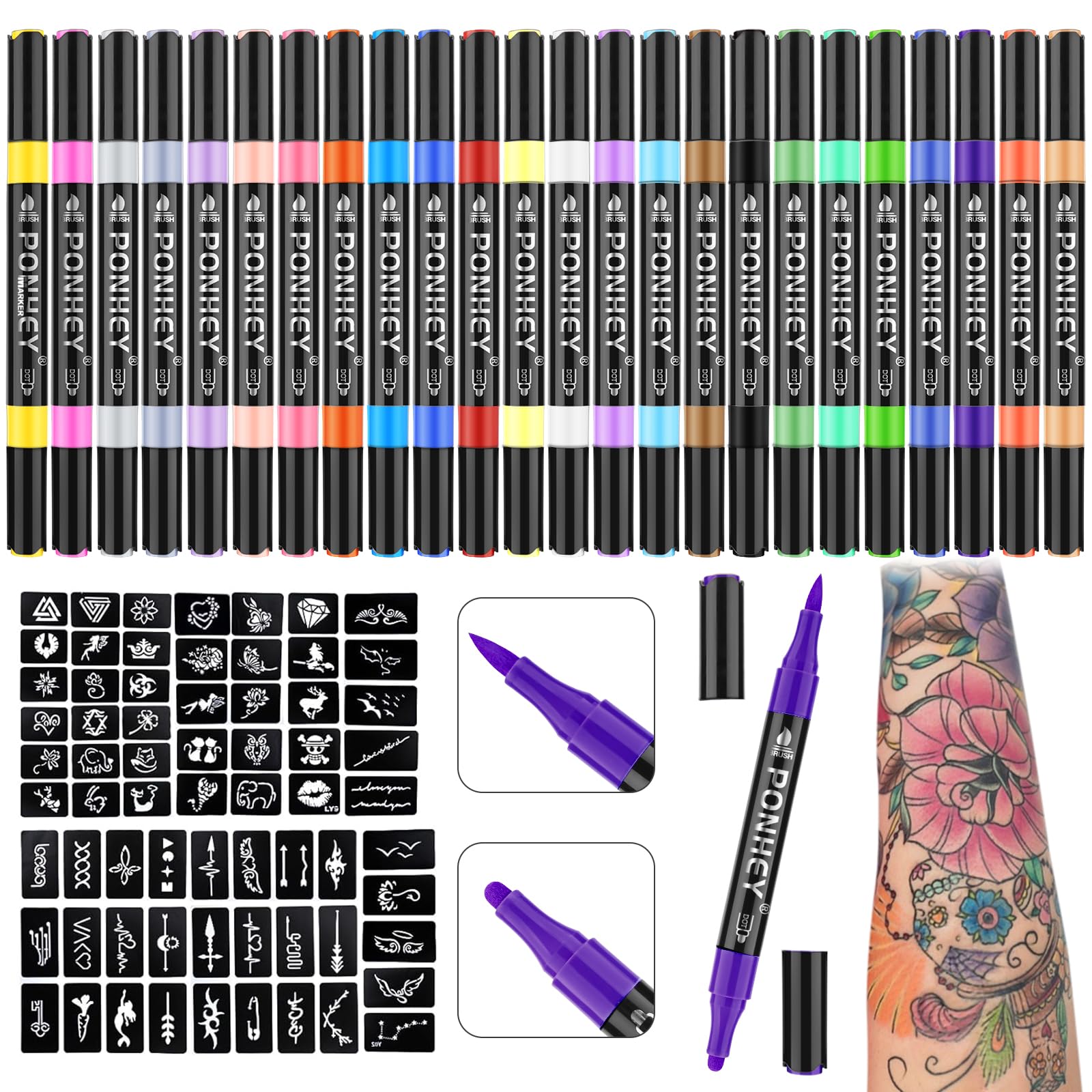 Ponhey temporary tattoo markers 24 colors for vibrant skin art inspiration