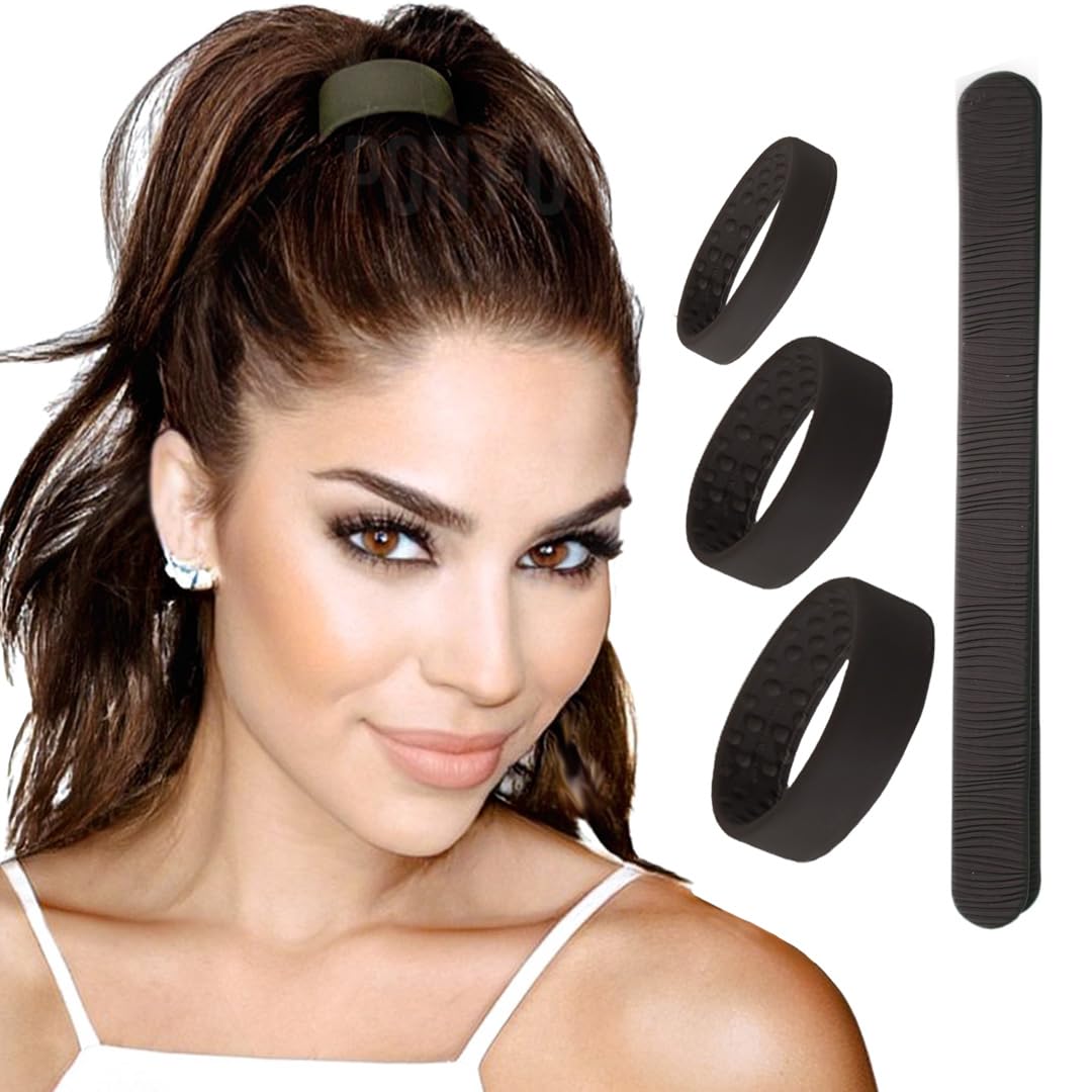 PONY-O All-in-One 4-Pack with no-damage hair ties and Bun Barz in dark brown for versatile styles.