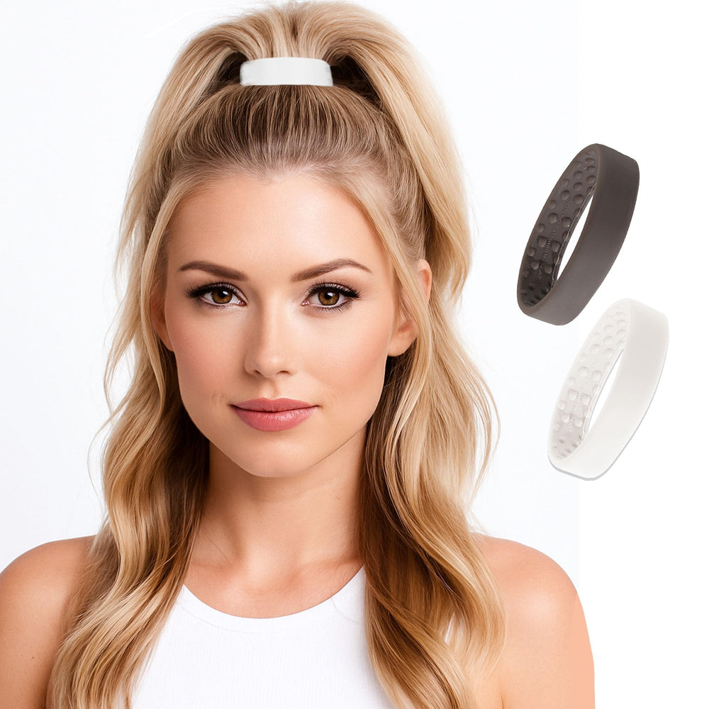 PONY-O bendable hair tie in brown shows secure hold for fine hair.