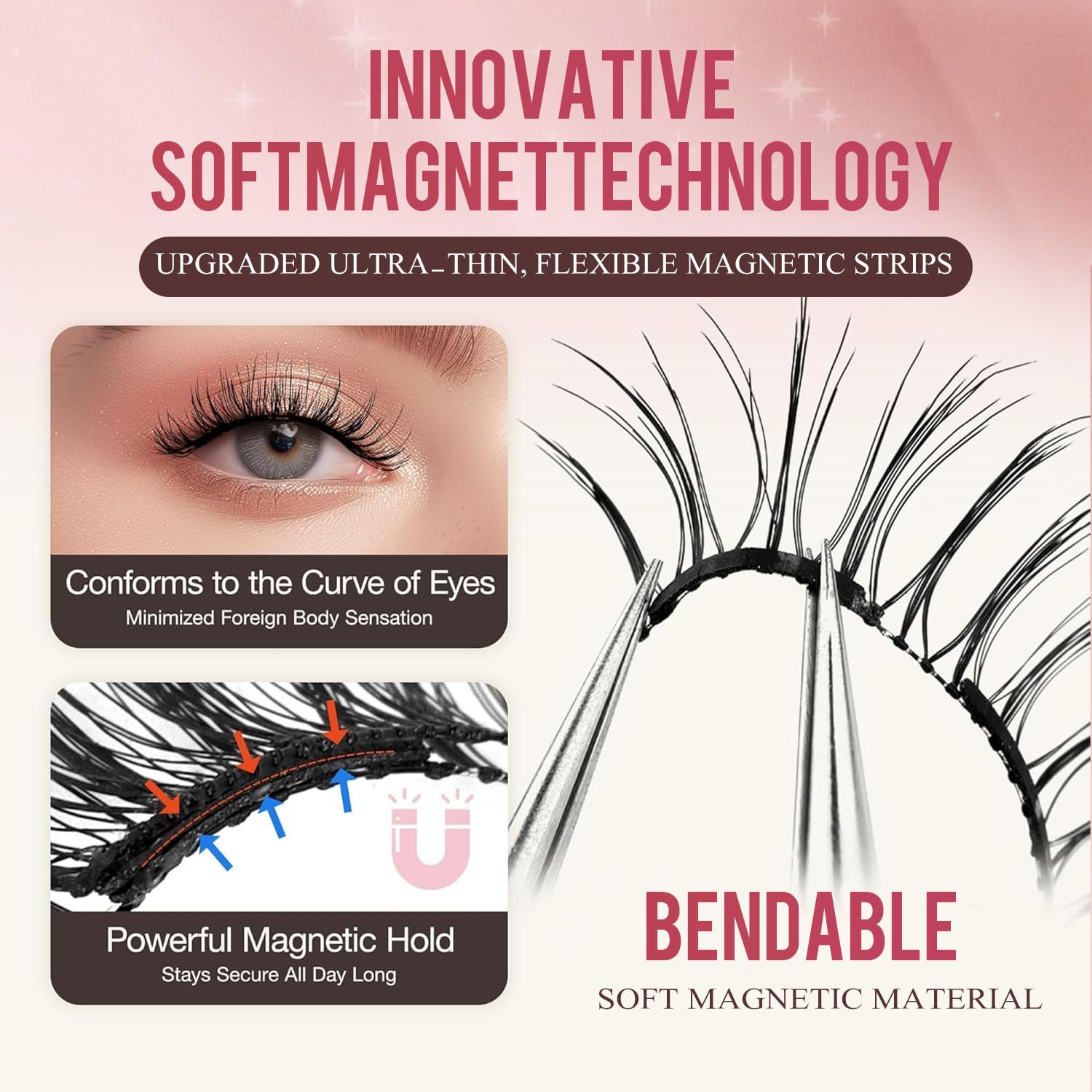 Strong magnetic hold keeps lashes in place during daily activities.
