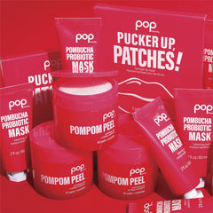 POP Beauty POMPOM PEEL bottle with pomegranate imagery highlights antioxidant benefits.