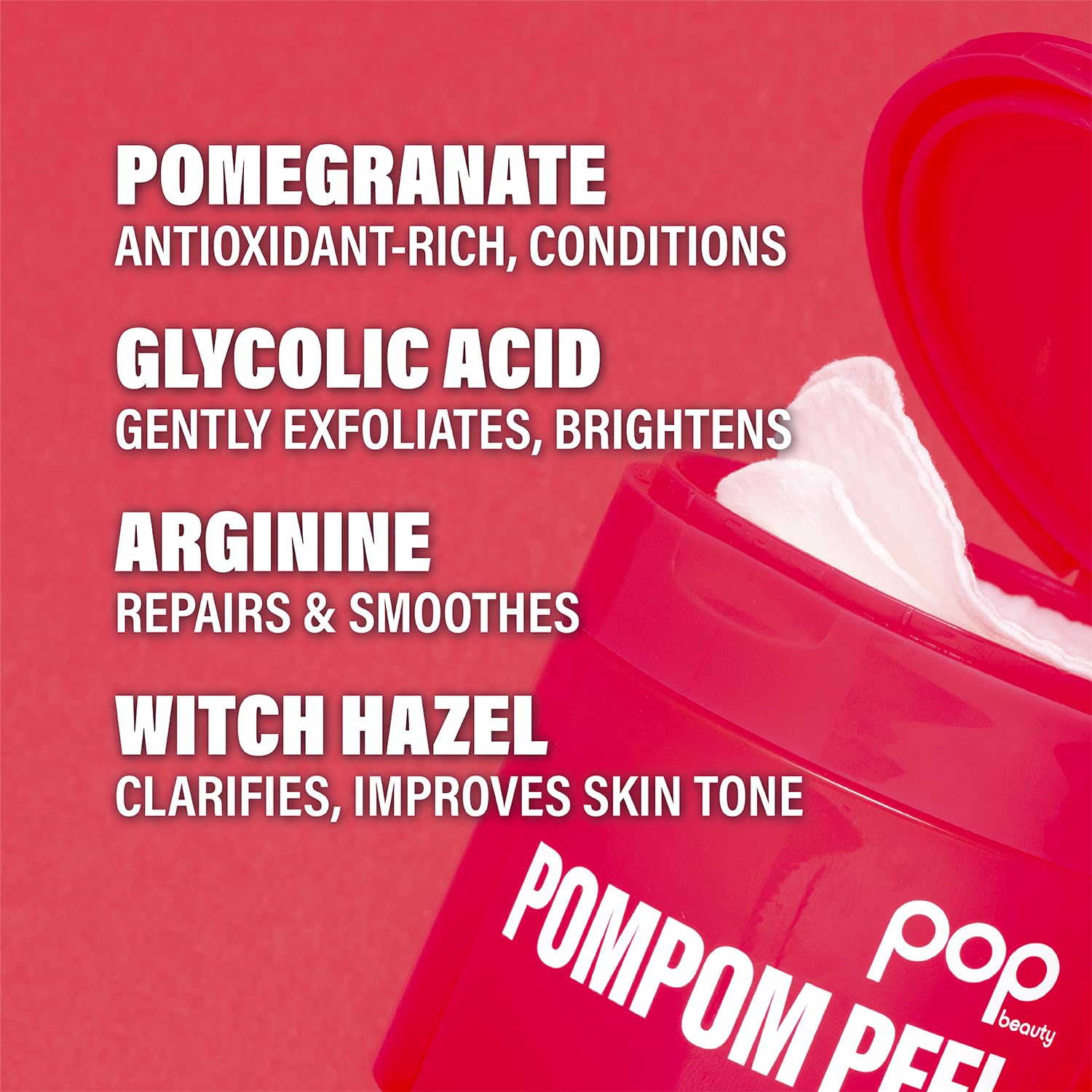 POP Beauty POMPOM PEEL glycolic acid illustration suggests brightening action.