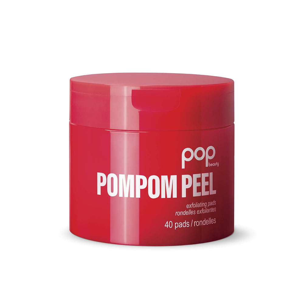 POP Beauty POMPOM PEEL packaging showcases pre-soaked pads for an easy skincare routine.