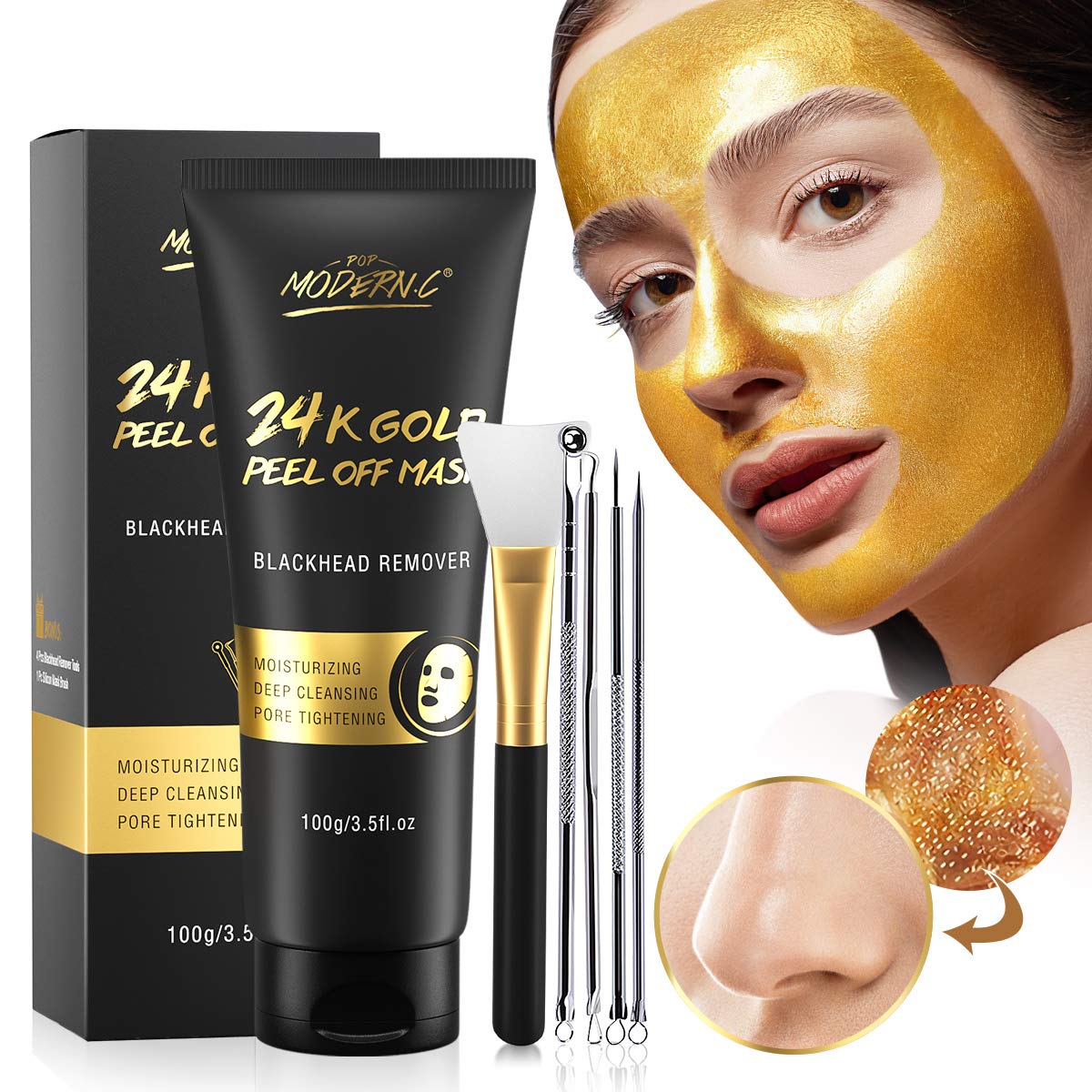 POP MODERN.C blackhead remover mask jar shows premium skincare packaging and product presence.