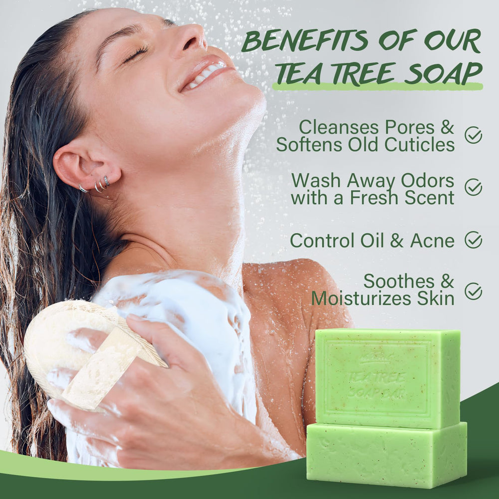 POP MODERN.C Tea Tree Oil Soap Bar closeup emphasizes cleansing lather and botanical blends.