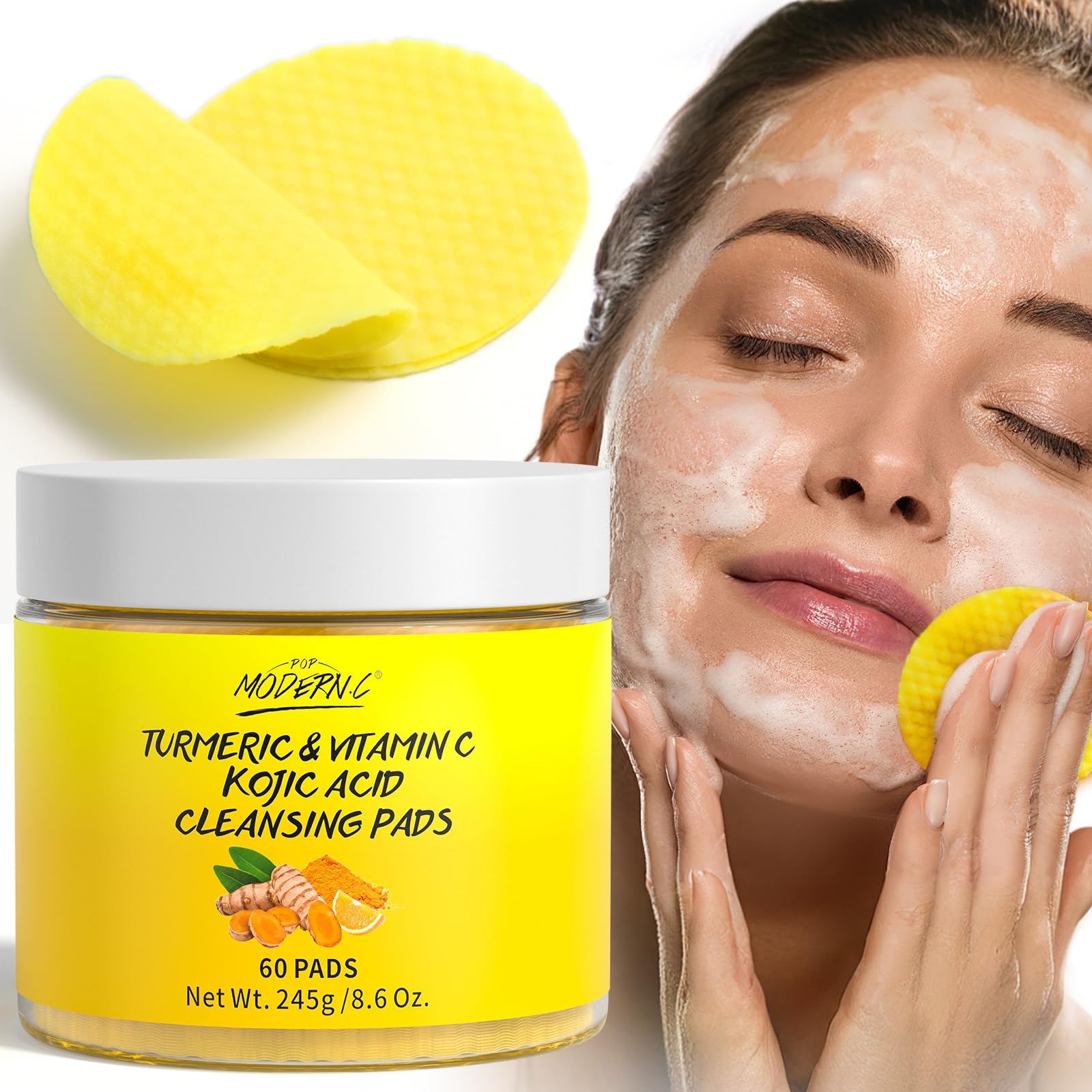 POP MODERN.C turmeric kojic acid cleansing pads bottle for quick daily cleansing and brightening.