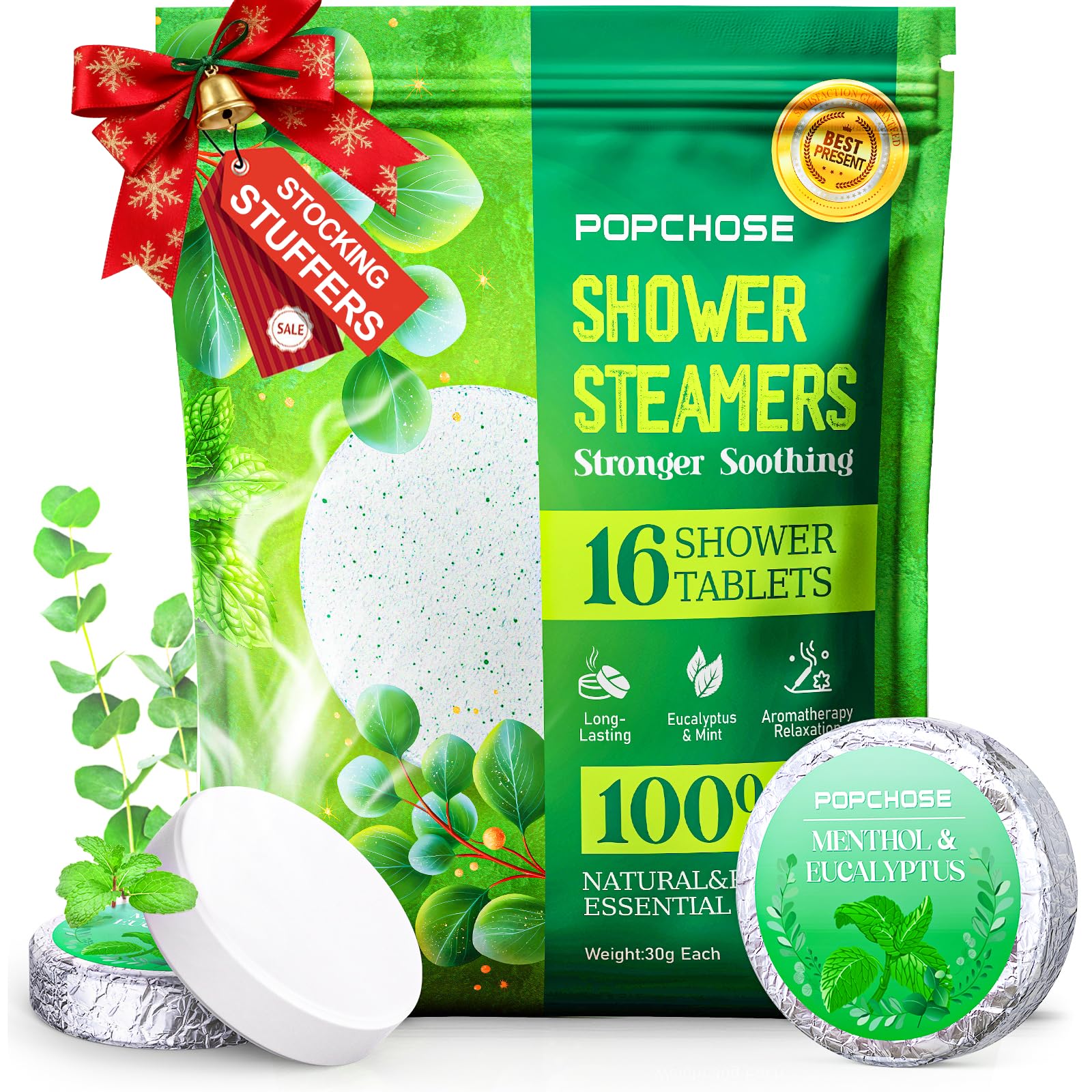 POPCHOSE eucalyptus shower steamers packaging showcases gift-ready presentation for self-care routines.