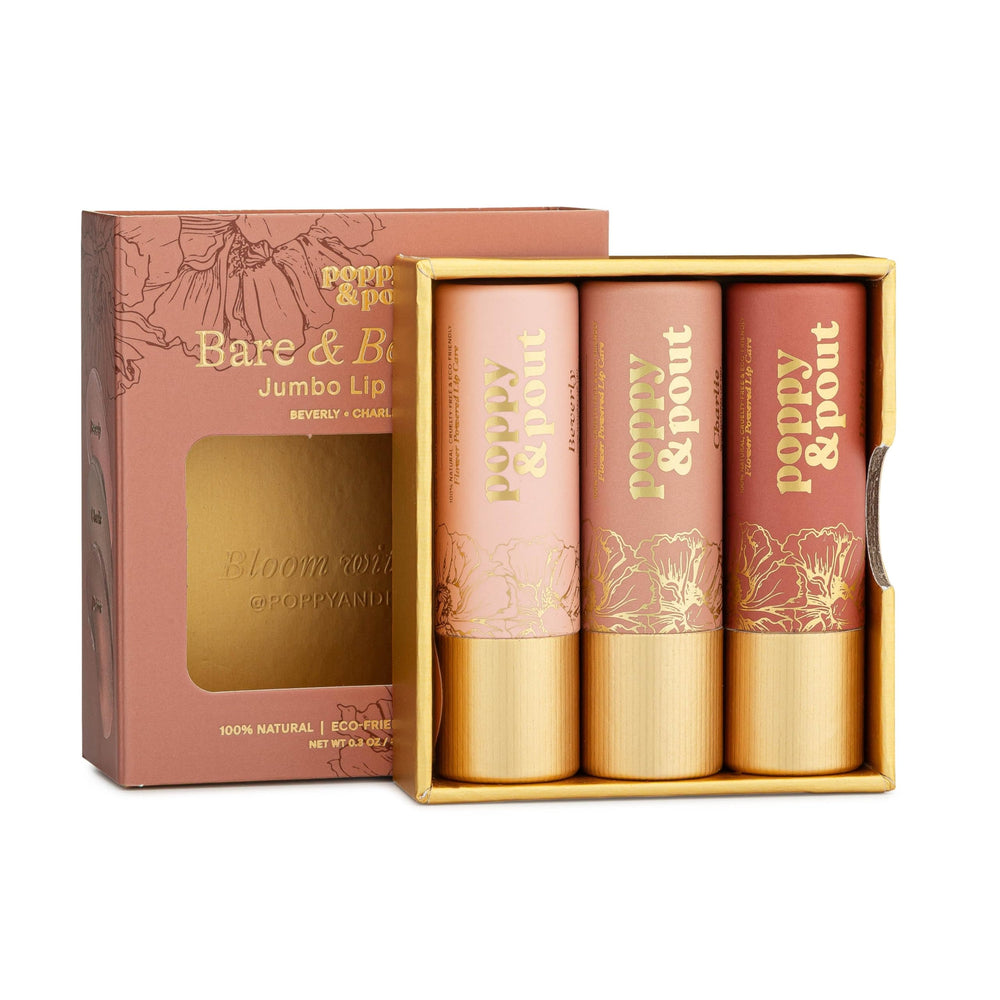Poppy & Pout Bare & Beautiful Trio tube shows subtle color and moisture.