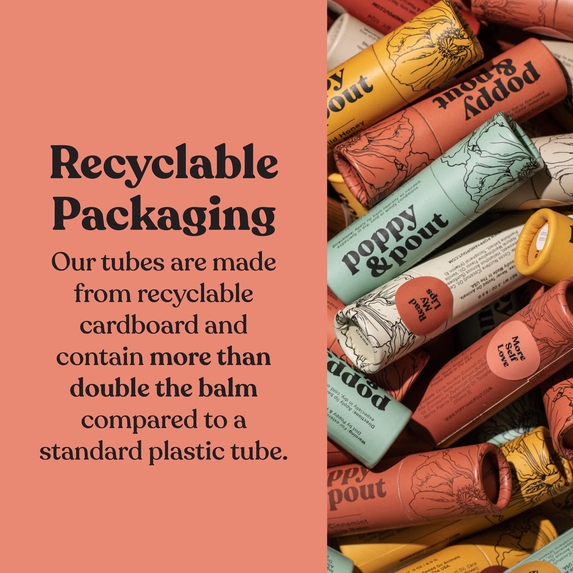 Poppy & Pout lip balm in recyclable tube with beeswax formula