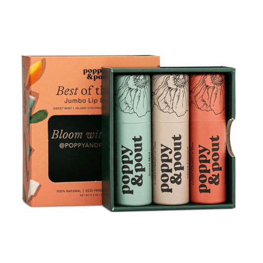 Poppy & Pout jumbo lip balm gift set featuring Island Coconut for on-the-go hydration