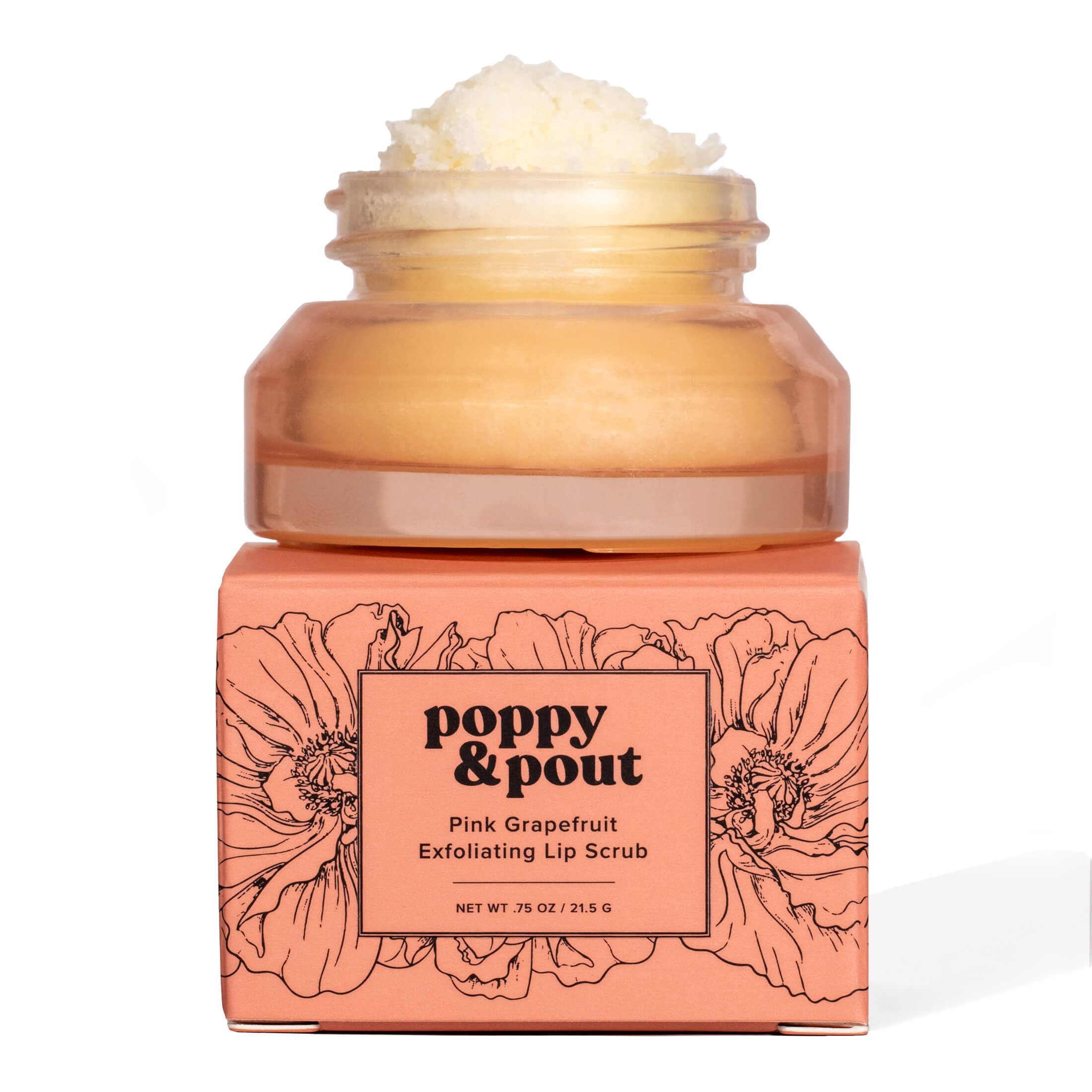 Poppy & Pout pink grapefruit lip scrub jar front highlighting hydrating exfoliation