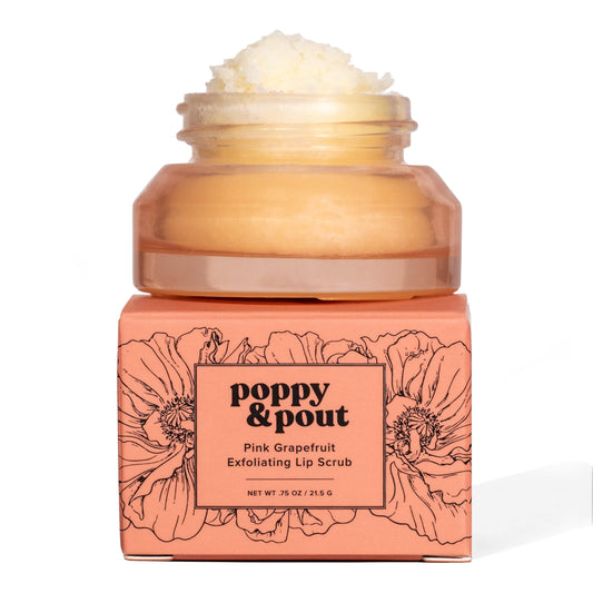 Poppy & Pout pink grapefruit lip scrub jar front highlighting hydrating exfoliation