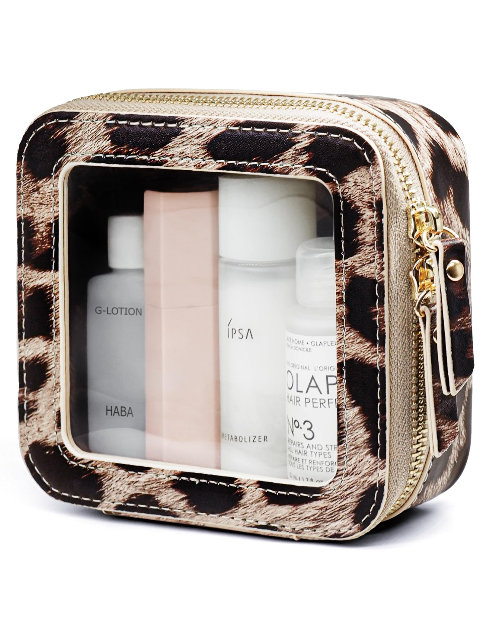 Popvibe clear leopard makeup bag showing contents for quick access