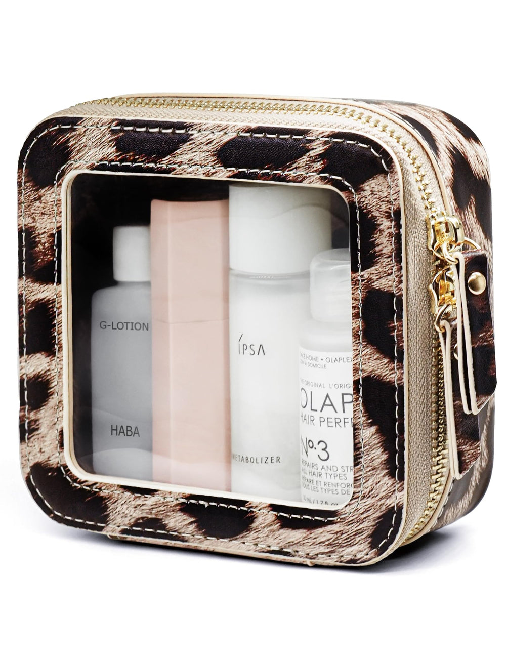Popvibe clear leopard makeup bag showing contents for quick access