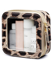 Popvibe clear leopard makeup bag showing contents for quick access