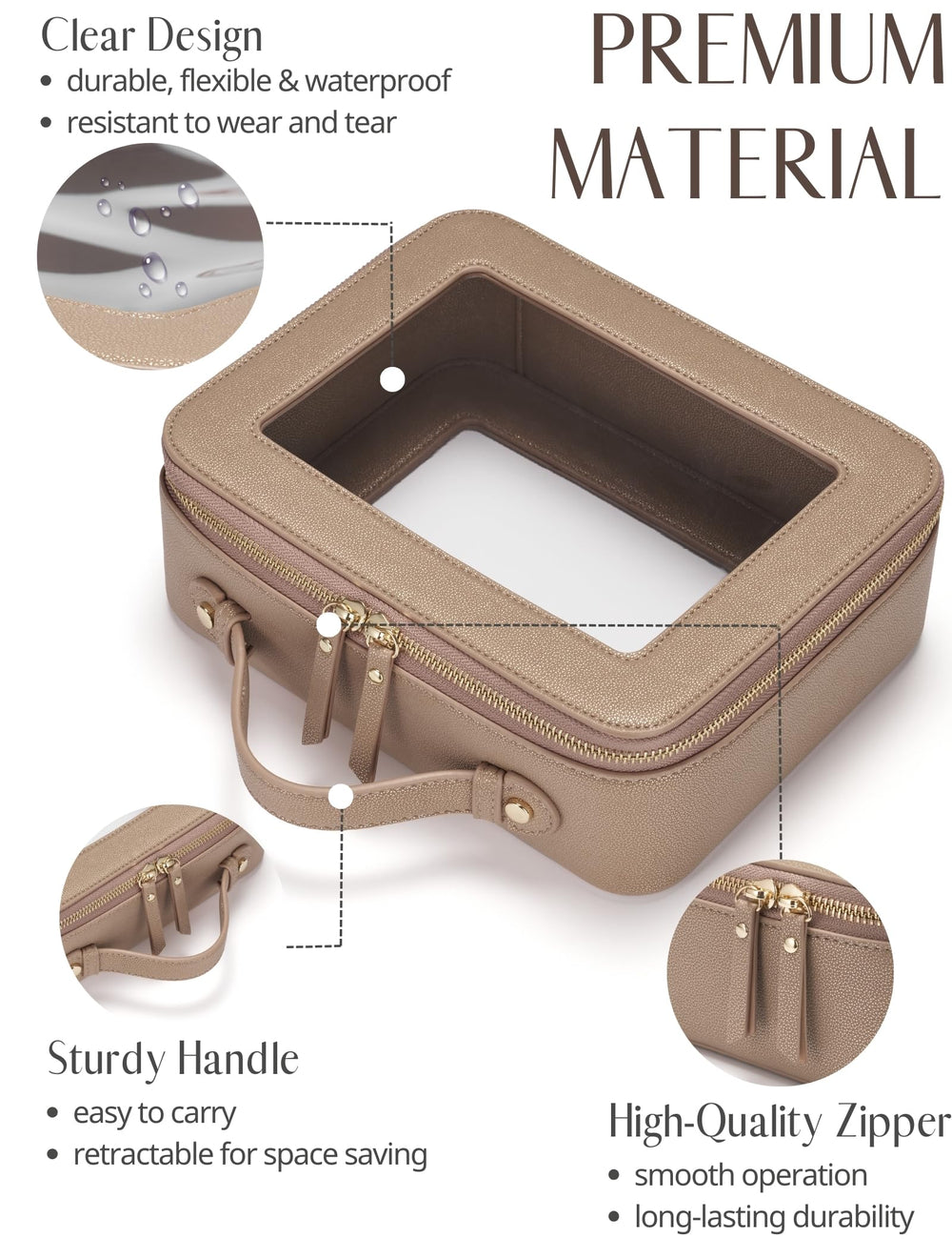 Popvibe clear makeup bag features gold hardware for a luxurious, durable feel.