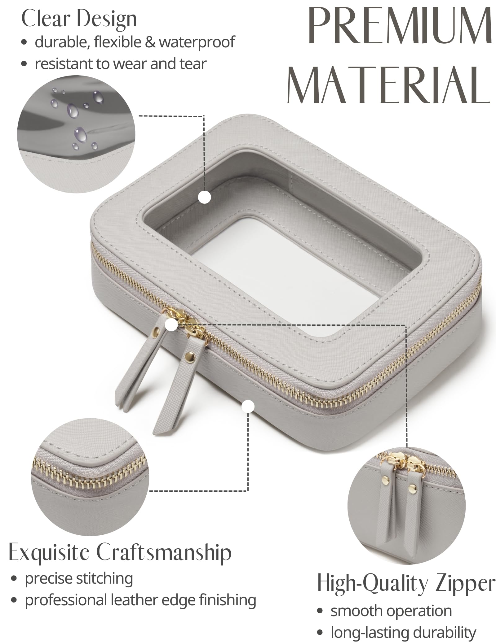 Popvibe Clear Makeup Case zipper close-up highlighting secure closure and premium hardware.