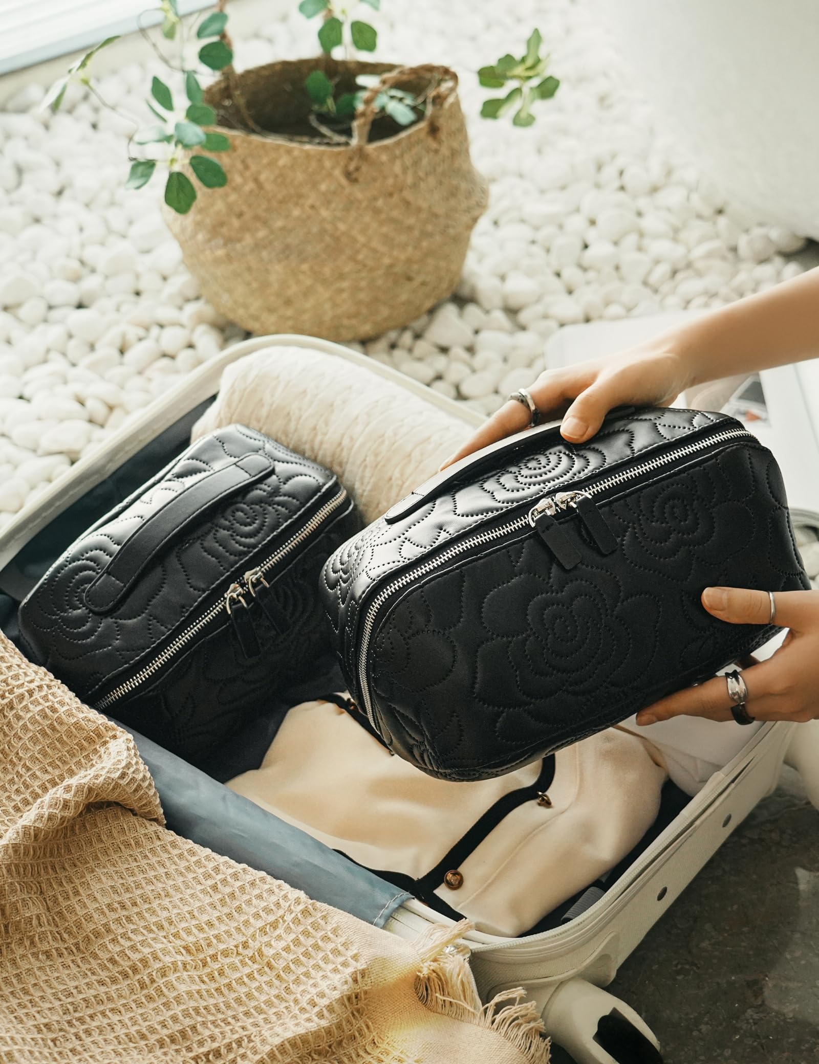 Popvibe Open Flat Makeup Bag ready for travel with organized pockets