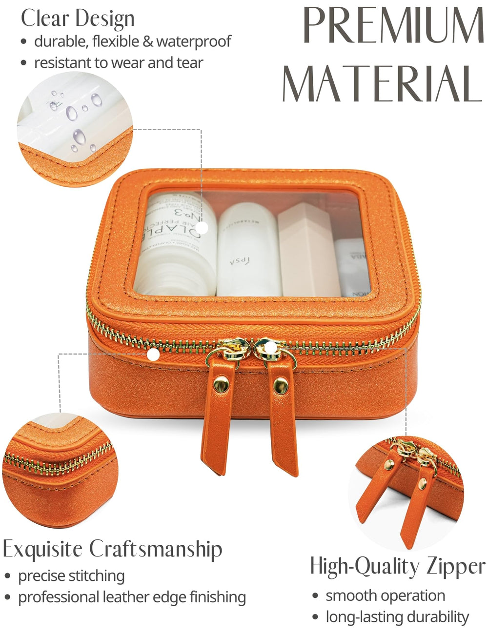 Popvibe Orange mini makeup bag in faux leather with easy-to-clean surface.