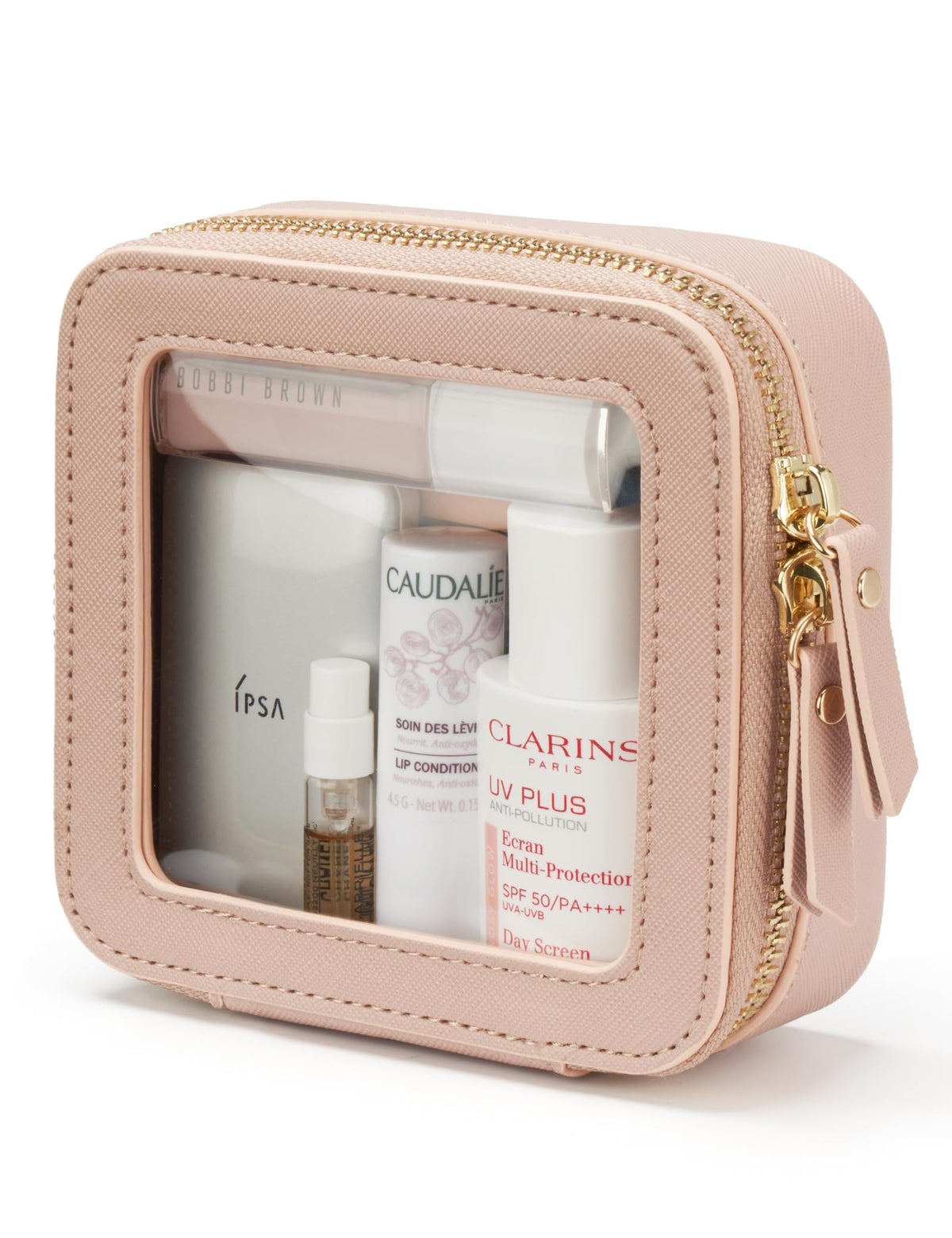 Popvibe small makeup bag with a clear pink panel for quick access to essentials.