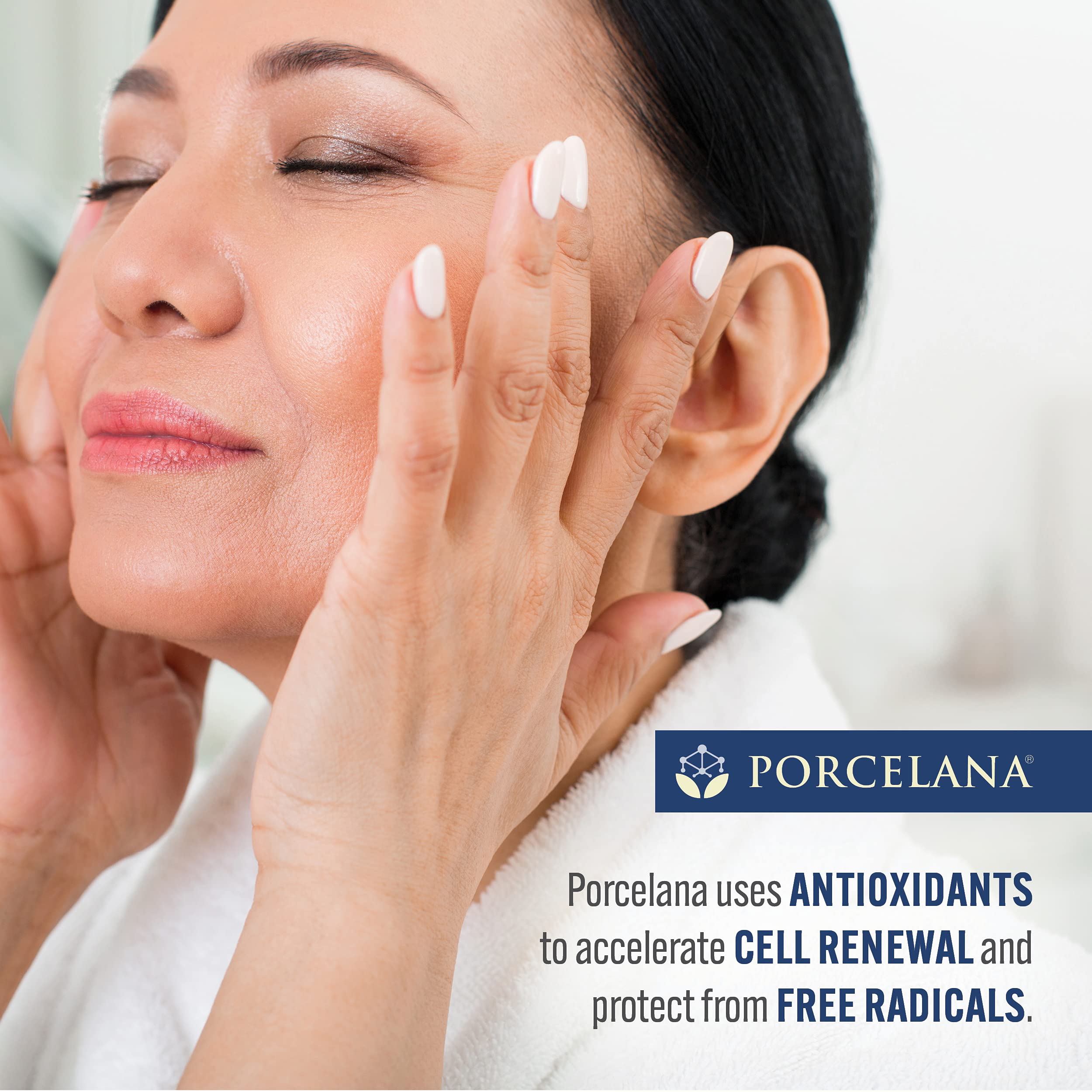Porcelana antioxidants feature highlighted on label for skin protection.