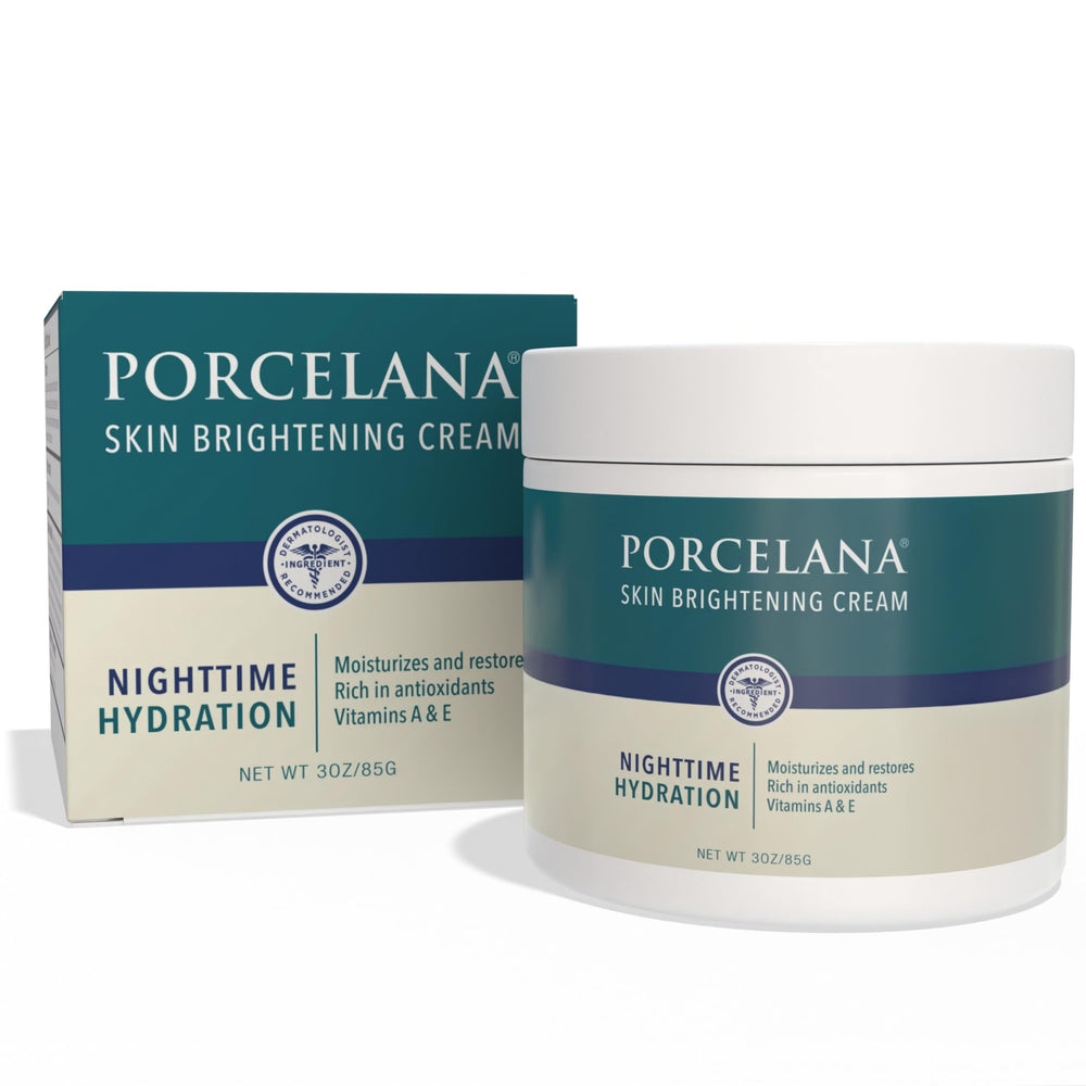 Porcelana Nighttime Hydration Cream bottle with creamy texture showing even skin tone.