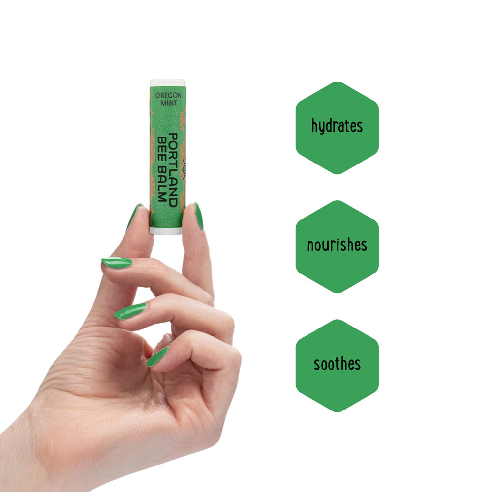 Local organic oils blend in Portland Bee Balm for gentle lip nourishment.
