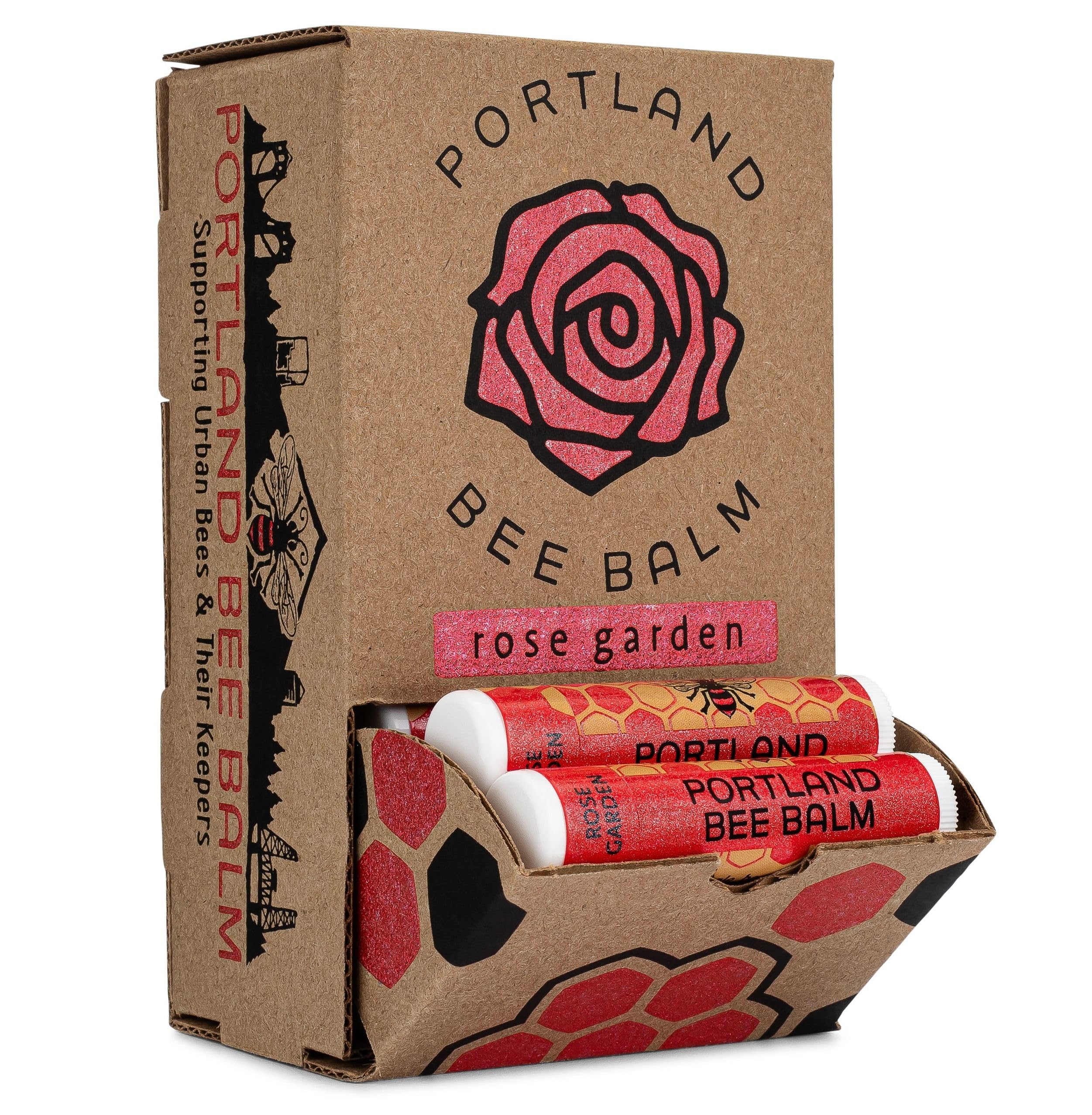 Portland Bee Balm Rose Garden label close-up highlighting natural ingredients for daily lip care.