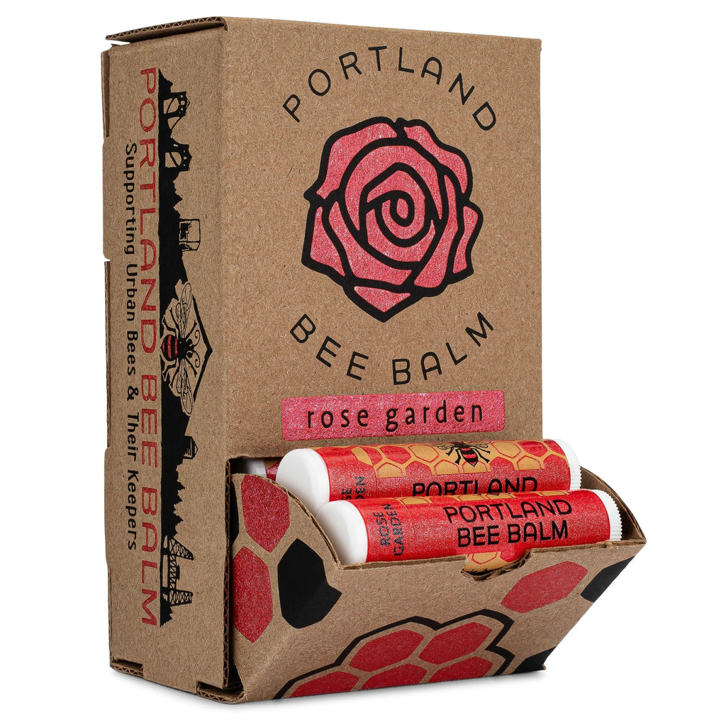 Portland Bee Balm Rose Garden label close-up highlighting natural ingredients for daily lip care.