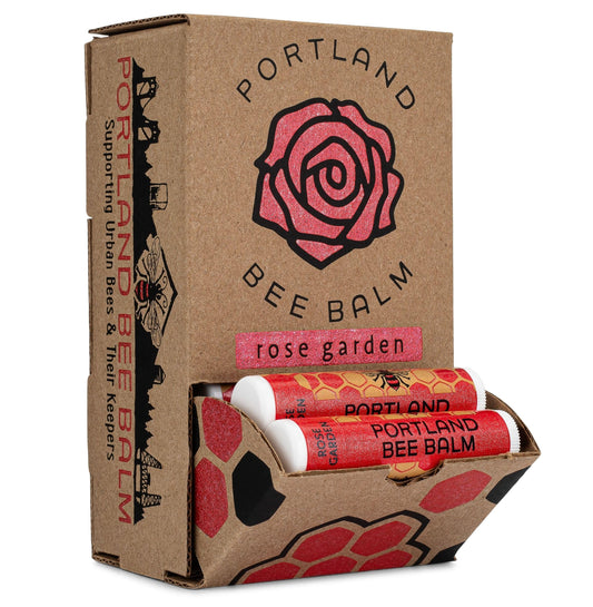 Portland Bee Balm Rose Garden label close-up highlighting natural ingredients for daily lip care.