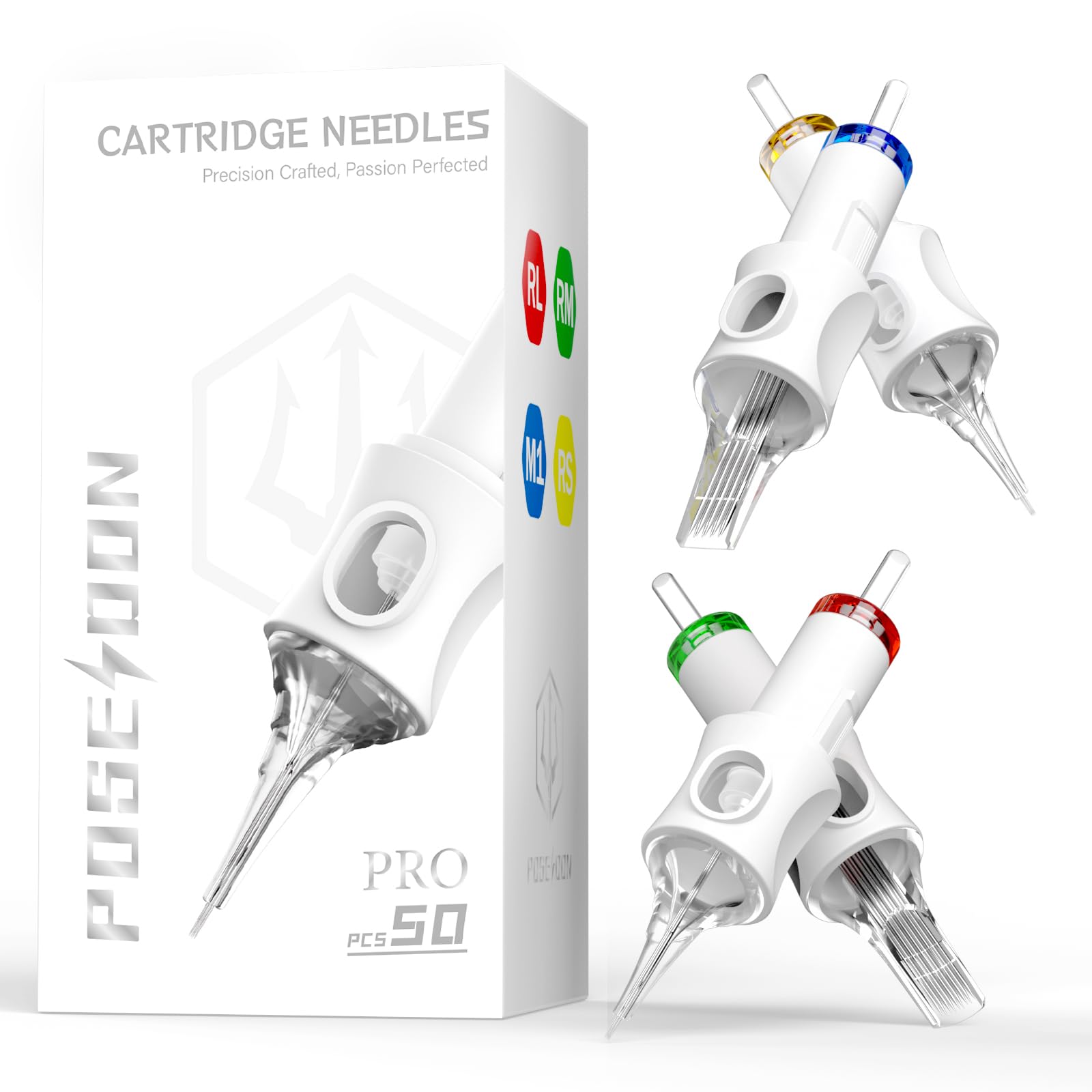 POSEIDON tattoo cartridge set, 50-pack, ready for studio setup and on-the-go practice.