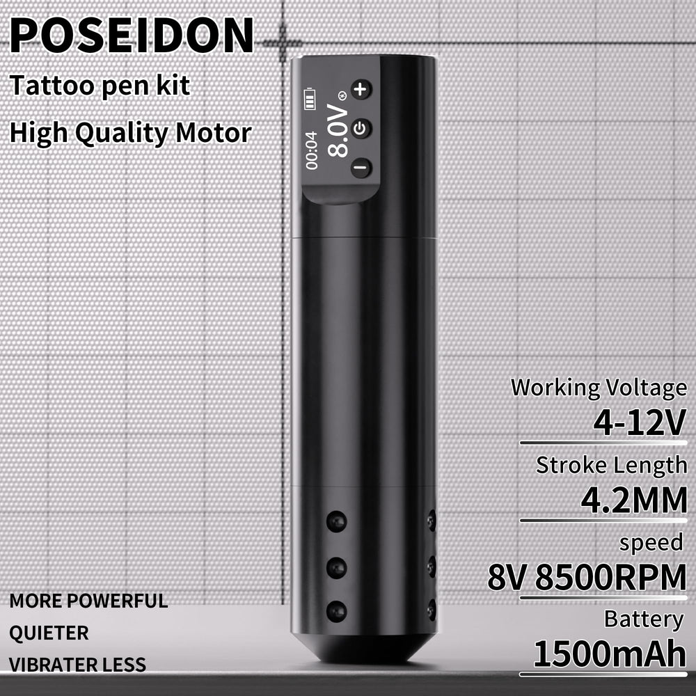POSEIDON tattoo pen with dual batteries enabling longer practice sessions.