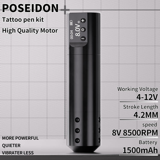 POSEIDON tattoo pen with dual batteries enabling longer practice sessions.