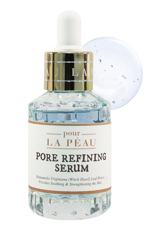 Pour La Peau pore-minimizing serum bottle highlights hydrating pore care.