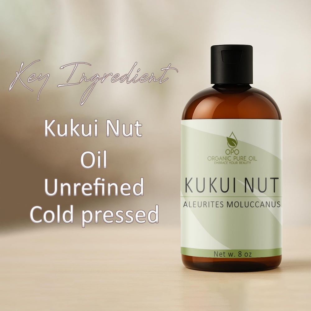 Pousutong Kukui Nut Oil pump top shown for easy, mess-free application.