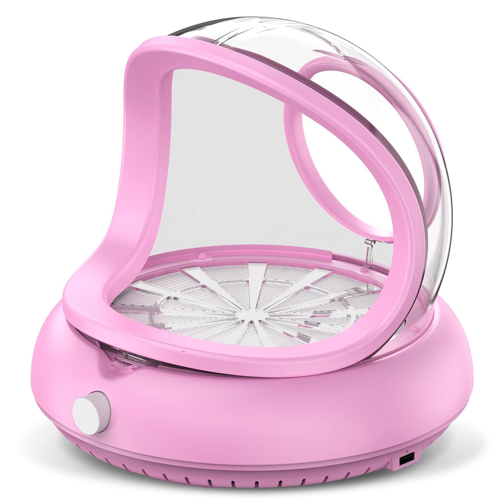 PowCube Nail Dust Collector with Transparent Airflow Shield concentrates suction for a cleaner manicure.