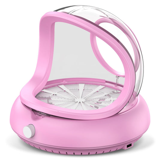 PowCube Nail Dust Collector with Transparent Airflow Shield concentrates suction for a cleaner manicure.