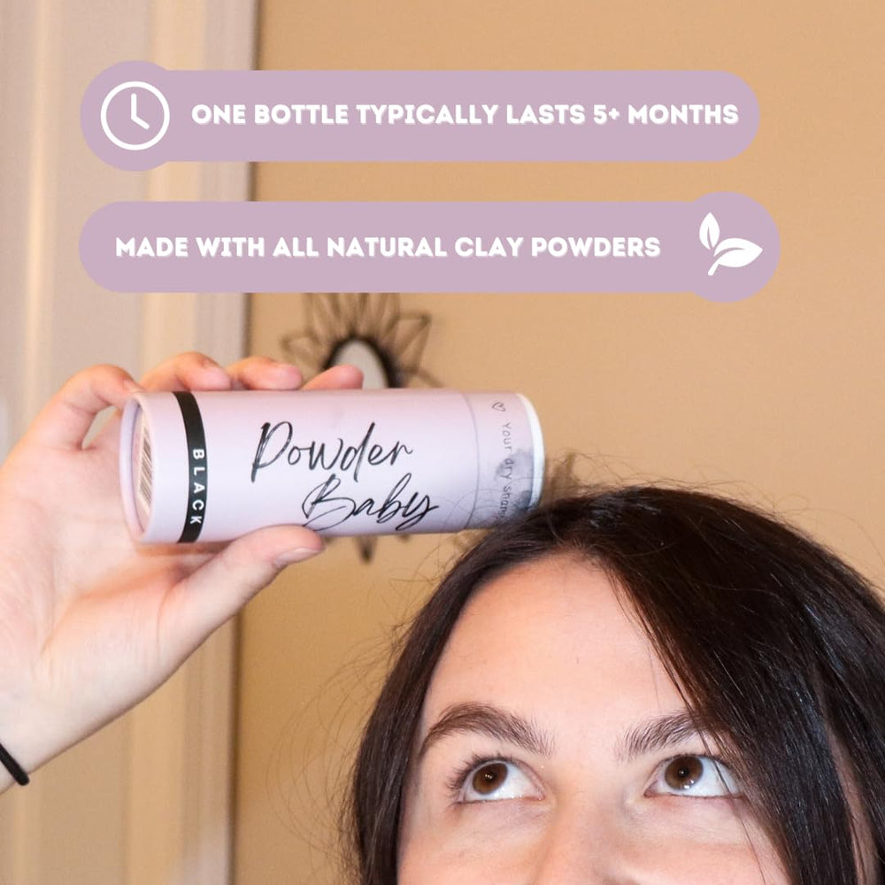 Biodegradable bottle from Powder Baby dry shampoo highlights eco-friendly packaging.